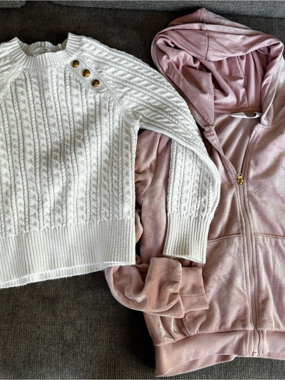 abercrombie kids White Cable Knit sweater and H&M velour hoodie